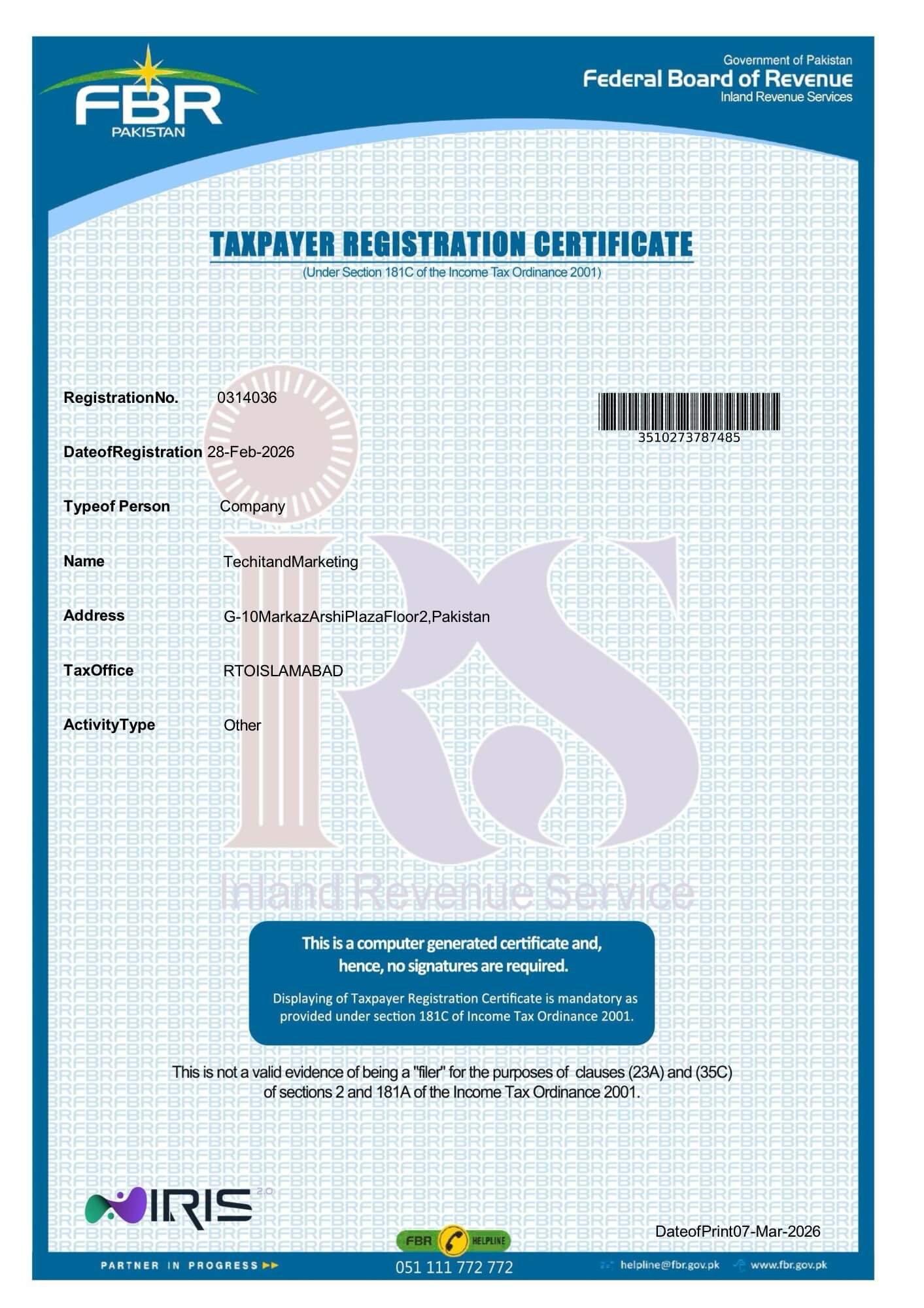 FBR Taxpayer Registration Certificate