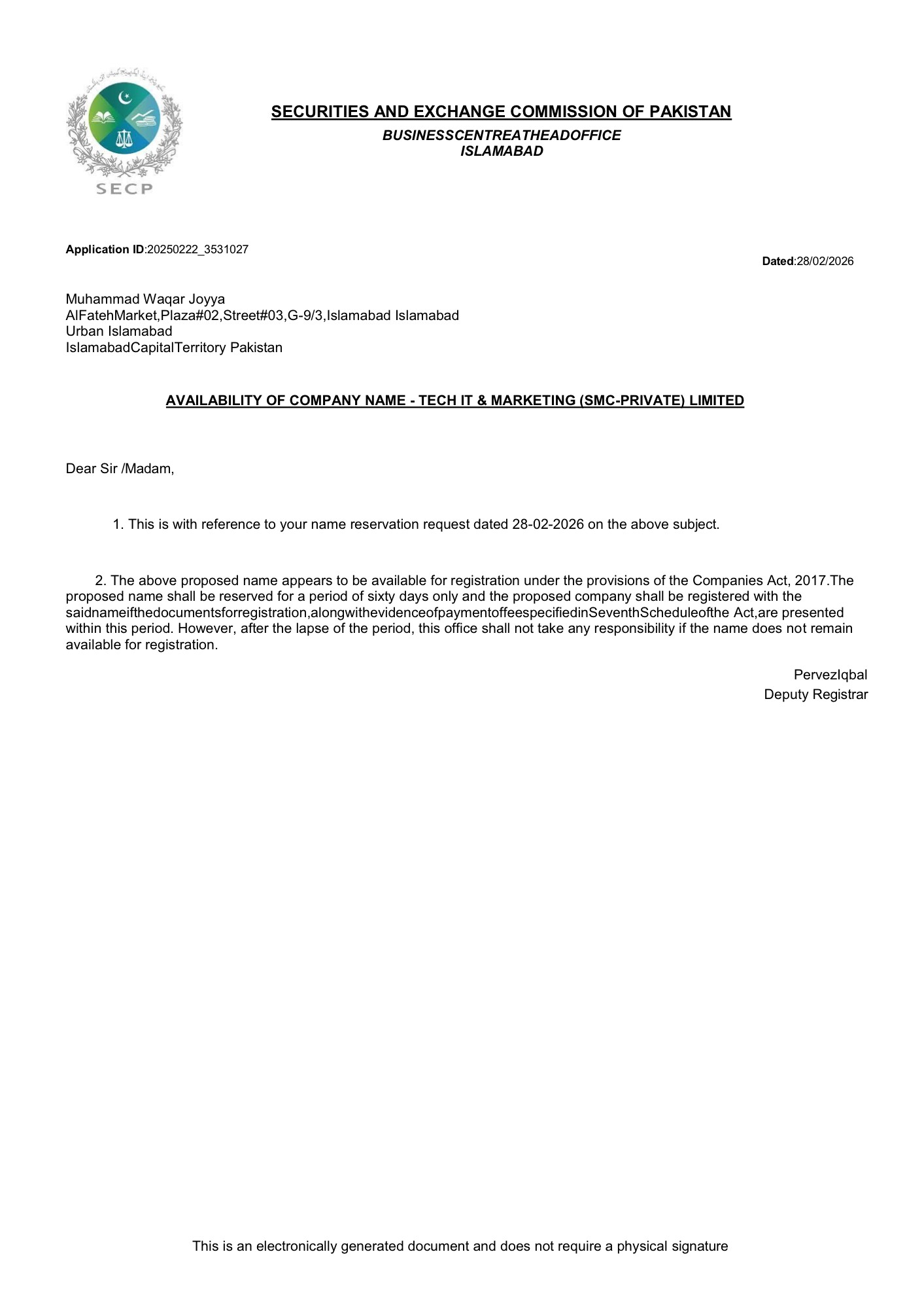 SECP Name Availability Certificate
